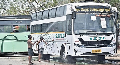 Preparations underway at the Koyambedu terminus in Chennai on Thursday to resume bus services in the State | P Jawahar