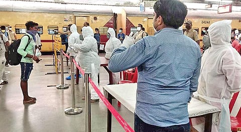 Migrant workers being screened at Rourkela railway station