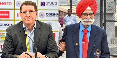 FIH CEO Thierry Weil and India hockey legend Balbir Singh Sr (Photo | EPS and PTI)