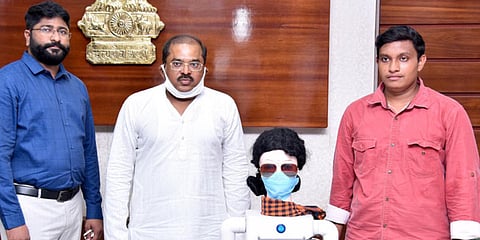 Krishna Collector A Md Imtiaz launches the robot at his camp office in Vijayawada on Sunday. (Photo| EPS)