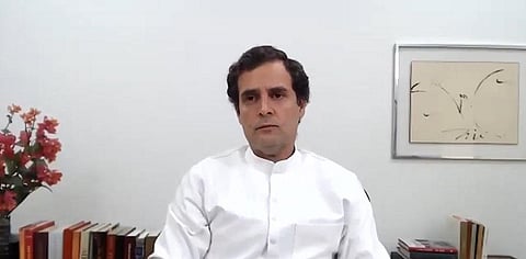 Rahul Gandhi addresses press conference via video conferencing. (Photo | Twitter)