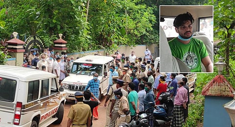 Sooraj (inset), husband of deceased Uthra, being brought to his in-laws’ home in Anchal for evidence collection on Monday. (Photo | Express)