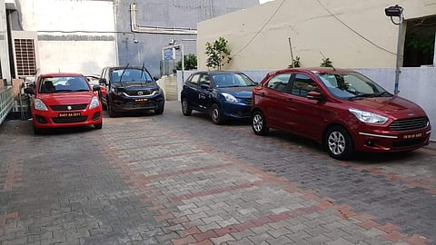 Parked Zoomcar vehicles outside Thirumangalam Metro station in Chennai. (Photo| Debdutta Mitra, EPS)