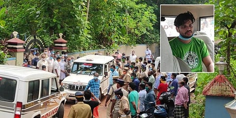 Accused Sooraj (inset), husband of deceased Uthra, being brought to his in-laws’ home in Anchal for evidence collection on Monday. (Photo | Express)