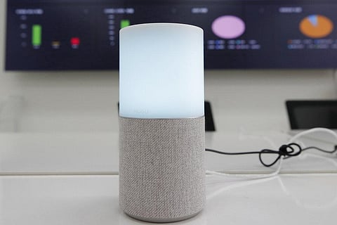 SK Telecom's AI speaker Nugu built with an artificial intelligence called 'Aria' and a lamp that turns blue when processing voice commands for news, music and internet searches, is seen in Seoul, South Korea, on May 13, 2020. The devices can also use quiz