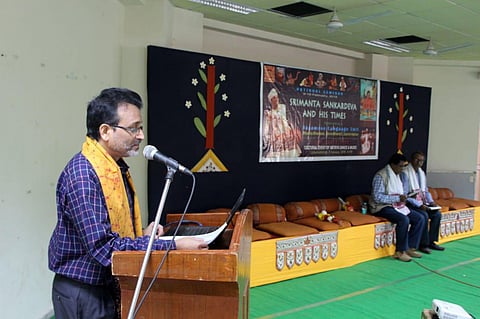 Dr. Sanjib Kumar Borkakoti speaking at an event on the philosophy of Srimanta Sankaradeva (Photo | EPS)