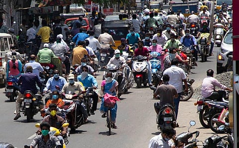 Heavy traffic on Kamaraj Salai following relaxation of the lockdown (Photo | G Pattabiraman))