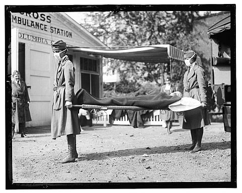 This Library of Congress photo shows a demonstration at the Red Cross Emergency Ambulance Station in Washington, D.C., during the Spanisj influenza pandemic of 1918. (Photo | AP)