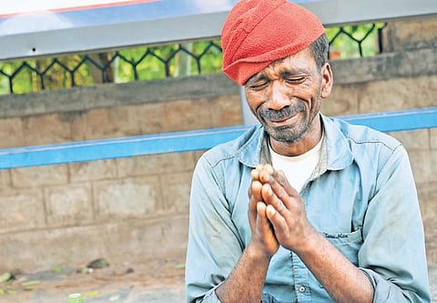 Ayaaz Basha, who arrived in Bengaluru from Sakleshpur in Hassan three days ago, suffered a seizure on Kasturba Road on Monday. He was found by some passersby who gave him food and water, and later took him to a shelter | Meghana Sastry