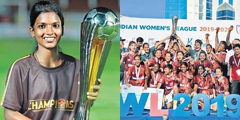 KV Athulya (L) and Gokulam FC women’s team after winning the IWL.