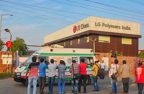 An ambulance carries people affected by styrene vapour leak from a polymer plant to a hospital from LG Polymers chemical plant in Visakhapatnam Thursday. (Photo | PTI)