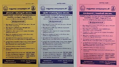 The three types of passes - Yellow, Blue and Red to be used for buying essentials and liquor amid COVID-19 lockdown in Madurai. (Photo| EPS)