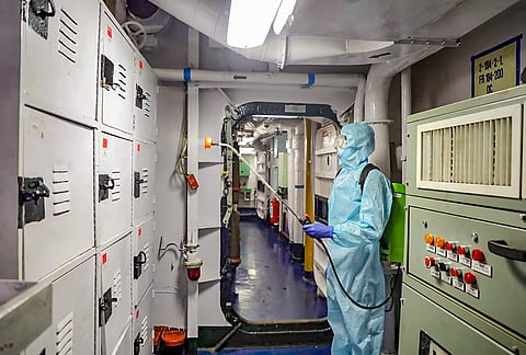 Preparations underway inside the INS Jalashwa to repatriate Indian nationals from Maldives as part of the first phase of Operation 'Samudra Setu' due to the ongoing coronavirus pandemic in Male Thursday May 7 2020. (Photo | PTI)