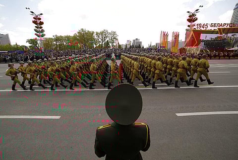Belarusian soldiers dressed in old uniforms march during the Victory Day military parade that marked the 75th anniversary of the allied victory over Nazi Germany, in Minsk, Belarus. (Photo | AP)