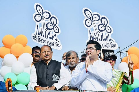 TMC's Subrata Mukherjee with Abhishek Banerjee at a rally in West Bengal. (Photo | Abhishek Banerjee Twitter)