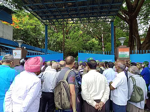 Present and past ex-servicemen and their families crowd outside the depot on Old Airport Road on Saturday. The defence canteen which offers subsidised items is located inside. (Photo | EPS/S Lalitha)