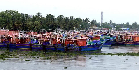 Boats anchored at Kalamukku in Kochi on Monday. With the trawling ban coming into effect from Tuesday midnight, fishers who had ventured into the sea have started returning | A Sanesh
