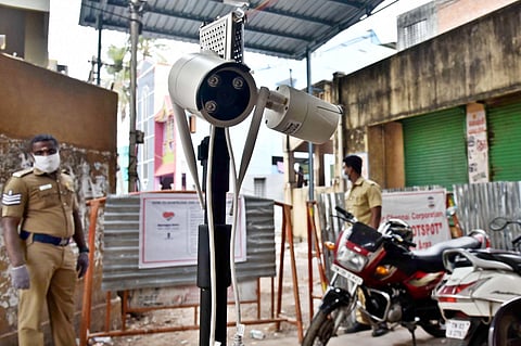 The man movement is being monitored with the help of CCTV at kumaran Nagar Koyambedu where more than ten people were affected with coronavirus in Chennai. (Photo | P Jawahar/EPS)