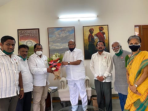Shetkari Sanghatna leader Raju Shetti (3rd from left) at NCP chief Sharad Pawar's residence on Tuesday. (Photo | Twitter)