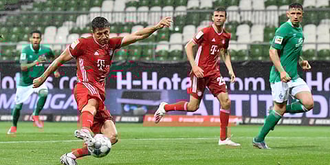 Bayern Munich's Robert Lewandowsk (L) scores his side's opening goal during the German Bundesliga soccer match against Werder Bremen. (Photo| AP)
