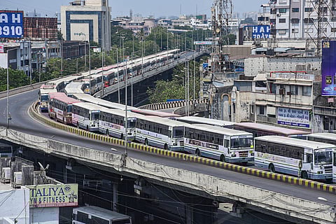 Gujarat State Road Transport Corporation (GSRTC) buses ferry passengers to Saurashtra during the ongoing COVID-19 nationwide lockdown in Surat Wednesday May 13 2020. (Photo | PTI)