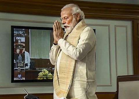 Narendra Modi folds his hands in solidarity for the sacrifices of soldiers along the border with China during an interaction with chief ministers and representatives of 14 states and the union territory of Jammu and Kashmir on COVID-19 preparedness in New