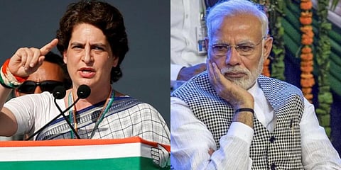 Priyanka Gandhi (L) launched a withering attack on PM Narendra Modi in Banaskantha, a seat that the Congress is pinning high hopes on. (Photo | PTI)