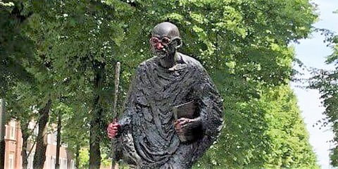 The vandalised statue of Mahatma Gandhi in Amsterdam. (Photo| Twitter)