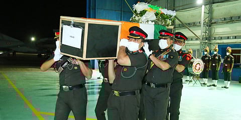 The mortal remains of Colonel Santosh Babu were departed to Suryapet in an ambulance after a wreath-laying ceremony at Hakimpet airforce station in Hyderabad. (Photo| RVK Rao, EPS)