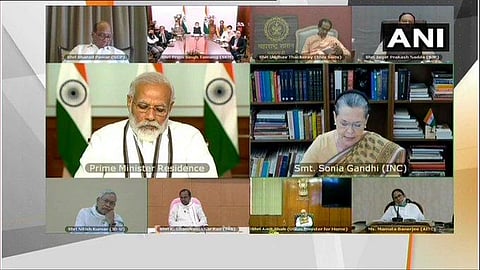 PM Modi interacts with major politial party leaders via video conferencing in All Party Meet. (Photo | Twitter/ANI)