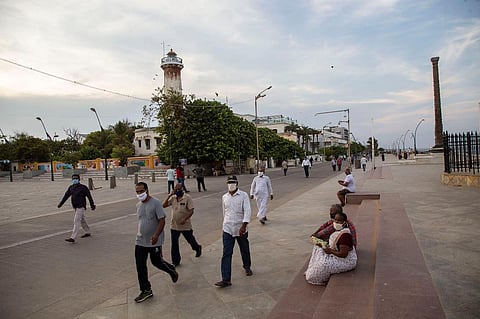 Pondy beach road was opened for public after lockdown. (Photo| G Pattabi Raman)