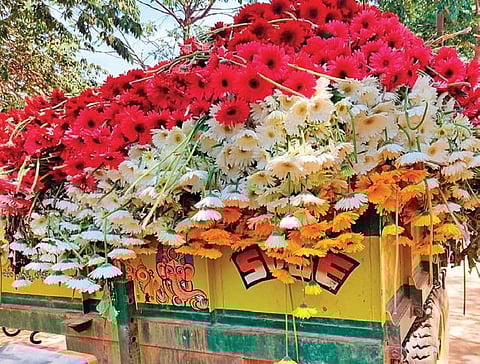 Flowers from a greenhouse in Doddaballapur being carried in a truck to be dumped as there is almost no demand for flowers after the COVID outbreak. (Photo | EPS)