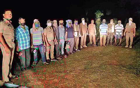 Forest and police personnel keeping vigil in one of the affected villages of Bhadrak district. (Photo| EPS)