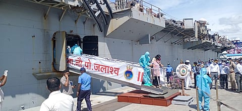 Passengers disembarking from the vessel INS Jalashwa at VOC Port in Thoothukudi. (Photo | V Karthikalagu, EPS)