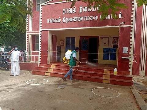Disinfection activities being done at Mangalam police station in Tiruvannamalai after a Sub Inspector tested positive for COVID-19