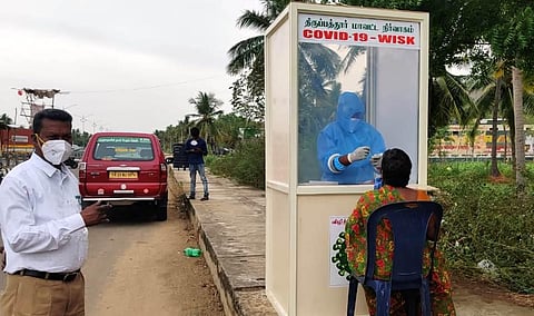 Migrating persons entering into Tirupathur district are being tested at Madhanur on Chennai-Bengaluru National Highway in Tirupathur district. (Photo | Express)