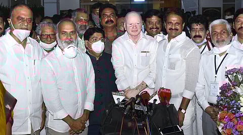 YSRC leaders celebrating after winning all four Rajya Sabha seats from the State in the Assembly at Velagapudi on Friday I EXPRESS