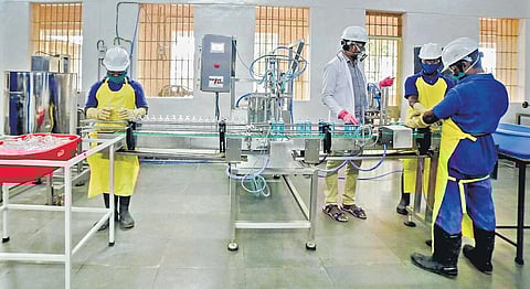 The new sanitiser-production unit set up by the Prisons Department at the Cherlapally Central Prison