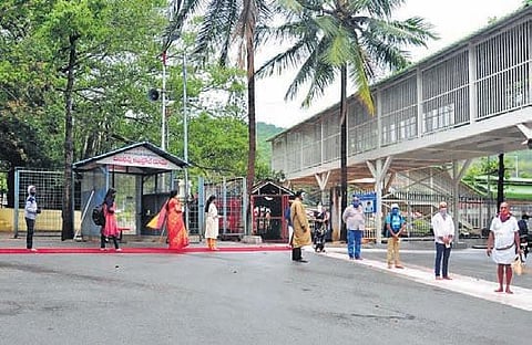 Wearing masks and maintaining social distancing, devotees seen lining up at Tirumala temple for darshan. (Photo | AP)