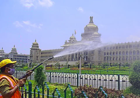 Sanitising efforts at Bengaluru's Vidhan Soudha. (File photo| Pandarinath B, EPS)
