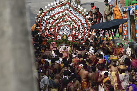Lord Jagannath was ushered out of the temple in Pahandi Bije, Puri on Tuesday morning marking the beginning of the prestigious Rath Yatra. (Photo|Biswanath Swain, EPS)