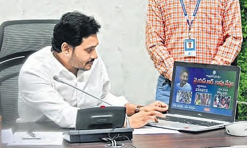 Chief Minister YS Jagan Mohan Reddy during the launch of YSR Kapu Nestham at CM’s camp office in Tadepalli. (Photo | EPS)