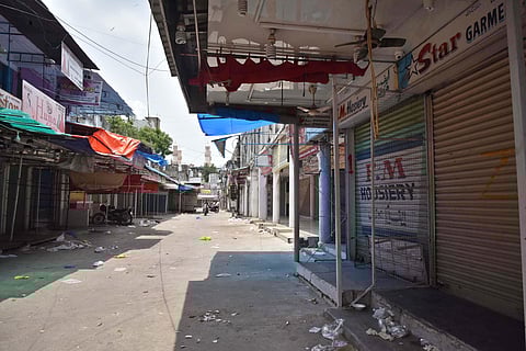 Deserted view of the famous Lad Bazaar Bangle Market close down their shops for a period of 10 days as a precautionary measure following the rise in Covid-19 positive cases in Hyderabad on Friday. (Photo | RVK Rao/EPS)