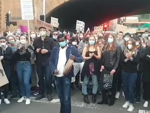 Thirumeni Balamurugan playing parai at Black Lives Matter protests in Sydney, Australia. (Photo | Facebook Screenshot)