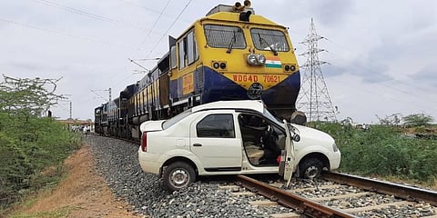 The car and train at the accident spot.