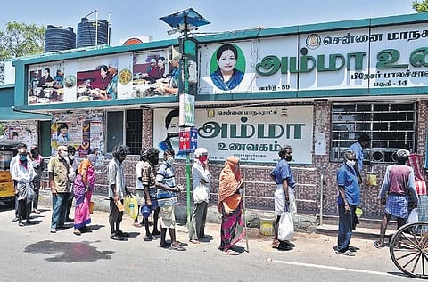 People waiting outside Amma canteen near Esplanade, Parktown, in Chennai on Saturday | R Satish Babu