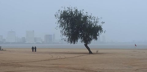 Security personnel patrol at Girgaon Chowpatty ahead of Cyclone Nisarga's landfall in Mumbai. (Photo | PTI)