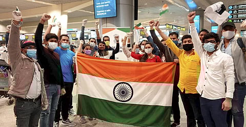 Indian nationals stranded in Moscow pose for photographs before being airlifted under Vande Bharat Mission in the wake of coronavirus pandemic. (Photo | Twitter)