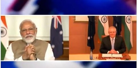 Prime Minister Narendra Modi holds a virtual summit with Australian counterpart Scott Morrison. (Screengrab)