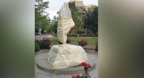 Statue of Mahatma Gandhi outside the Indian embassy in Washington. (Photo | Twitter)